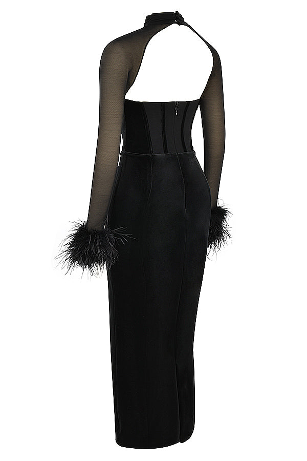 <html>Juliette - Elegante Maxi Vestito in Velluto Nero con Corsetto per un Look Incantevole</html>