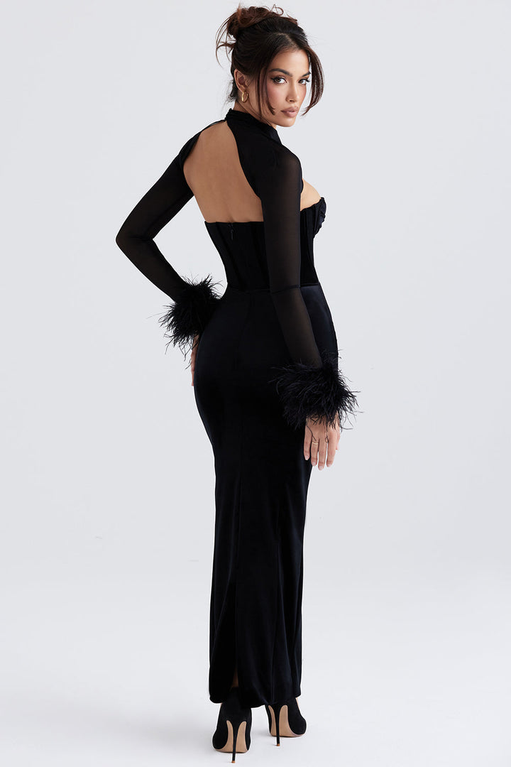 <html>Juliette - Elegante Maxi Vestito in Velluto Nero con Corsetto per un Look Incantevole</html>