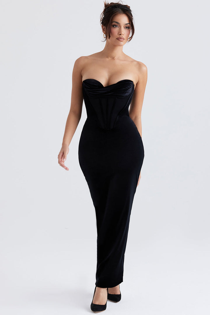 <html>Juliette - Elegante Maxi Vestito in Velluto Nero con Corsetto per un Look Incantevole</html>
