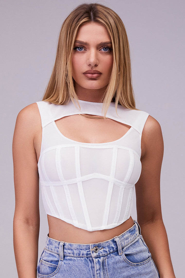 Helisara - Stylish White Mesh Cut-Out Corset Top