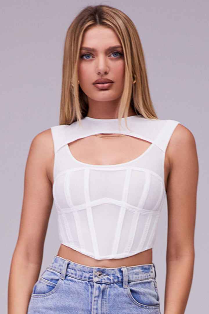 Helisara - Stylish White Mesh Cut-Out Corset Top