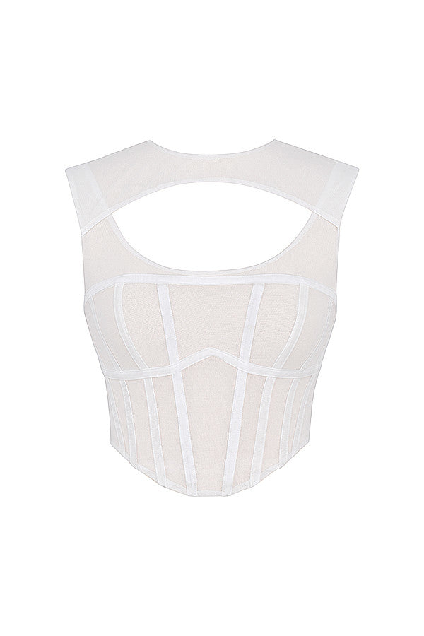 Helisara - Stylish White Mesh Cut-Out Corset Top