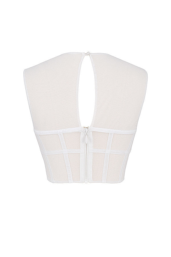 Helisara - Stylish White Mesh Cut-Out Corset Top