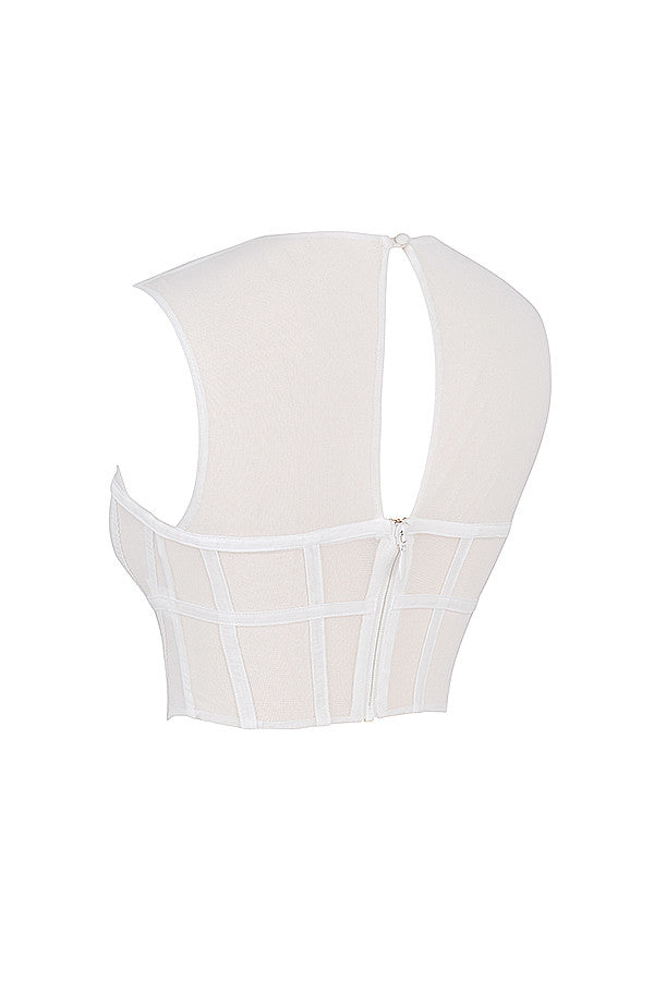 Helisara - Stylish White Mesh Cut-Out Corset Top
