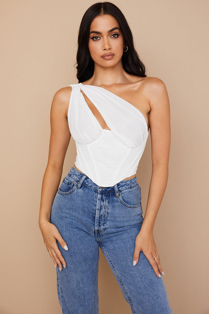 Havienna - Elegante Witte Asymmetrische Top met Trendy Mesh en Verleidelijke Uitsnede