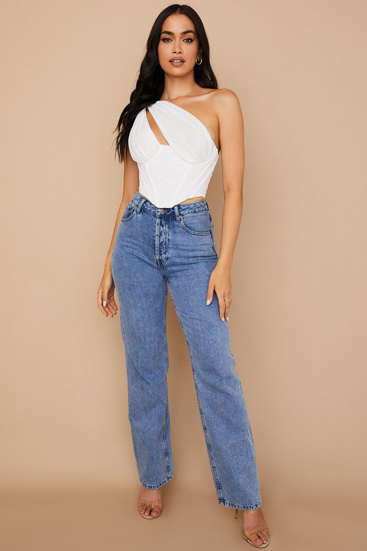 Havienna - Elegante Witte Asymmetrische Top met Trendy Mesh en Verleidelijke Uitsnede