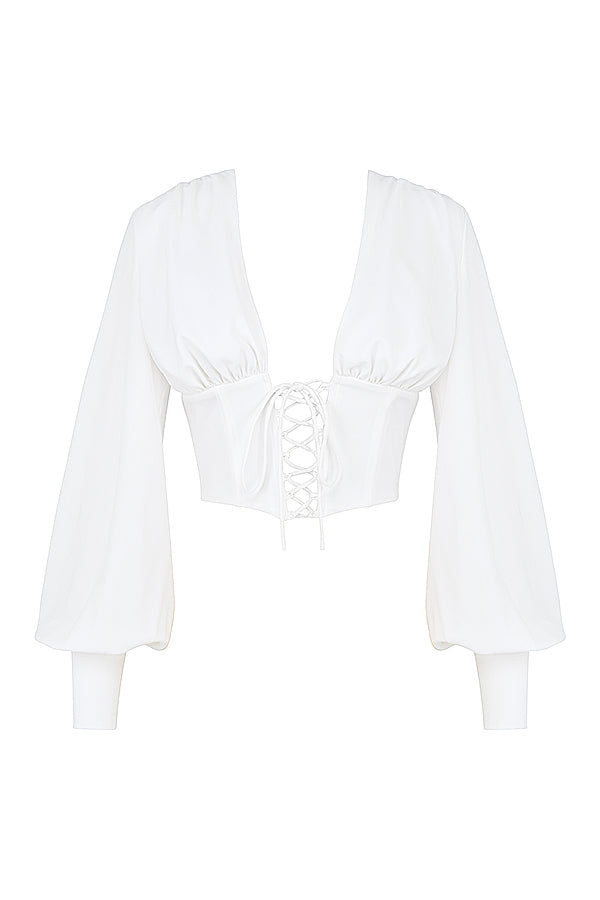 Havindra - Stijlvolle Witte Cropped Top met Verleidelijk Diepe Hals en Trendy Veterdetail