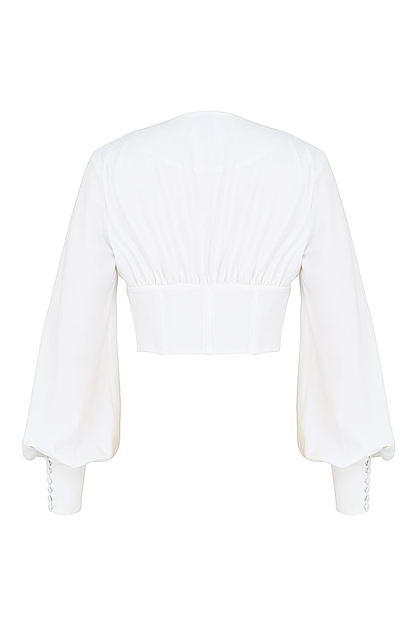 Havindra - Stijlvolle Witte Cropped Top met Verleidelijk Diepe Hals en Trendy Veterdetail