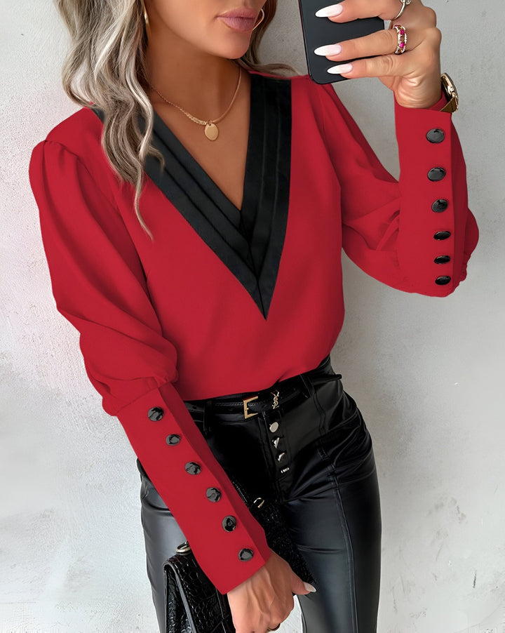 Caris - Blusa V-scollo trendy con accenti color block eleganti