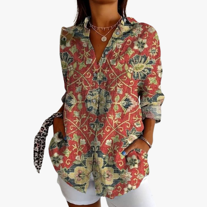 Elegante camicetta da donna in lino con ricami eleganti per un look unico e alla moda