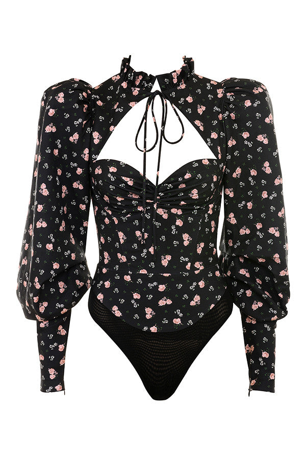 Havina - Elegante Zwarte Bloementop met Verfijnde Cut-Out en Hoge Hals
