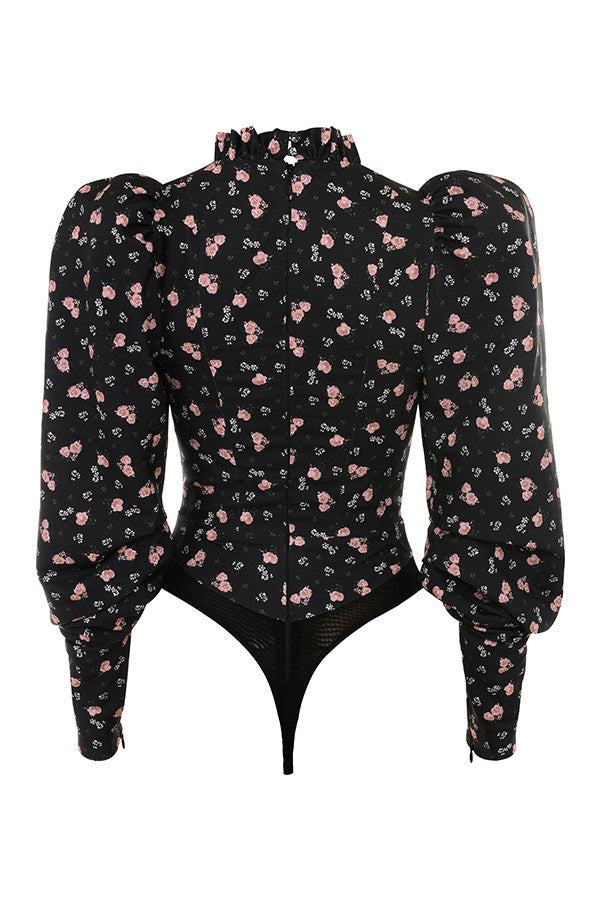 Havina - Elegante Zwarte Bloementop met Verfijnde Cut-Out en Hoge Hals