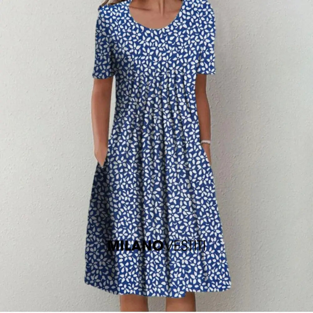 Alice™ - Abito Di Cotone Elegante E Sofisticato Blu Floreale / S