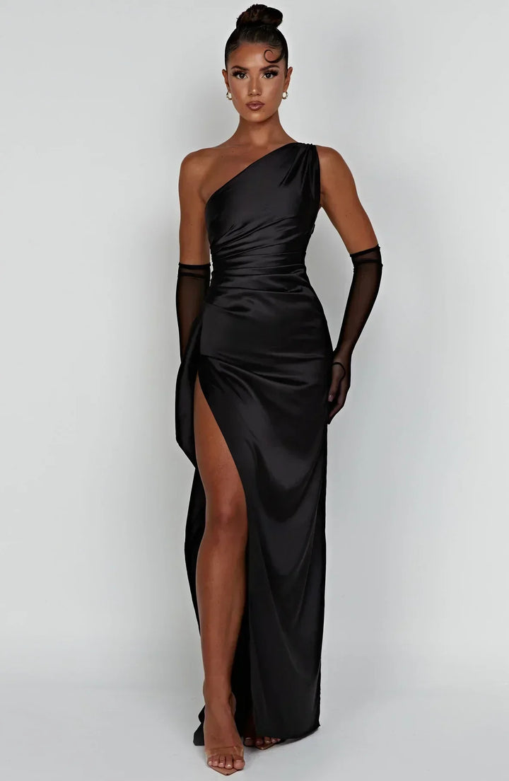 Elara - Elegante Satijnen Splitjurk met Één Schouder