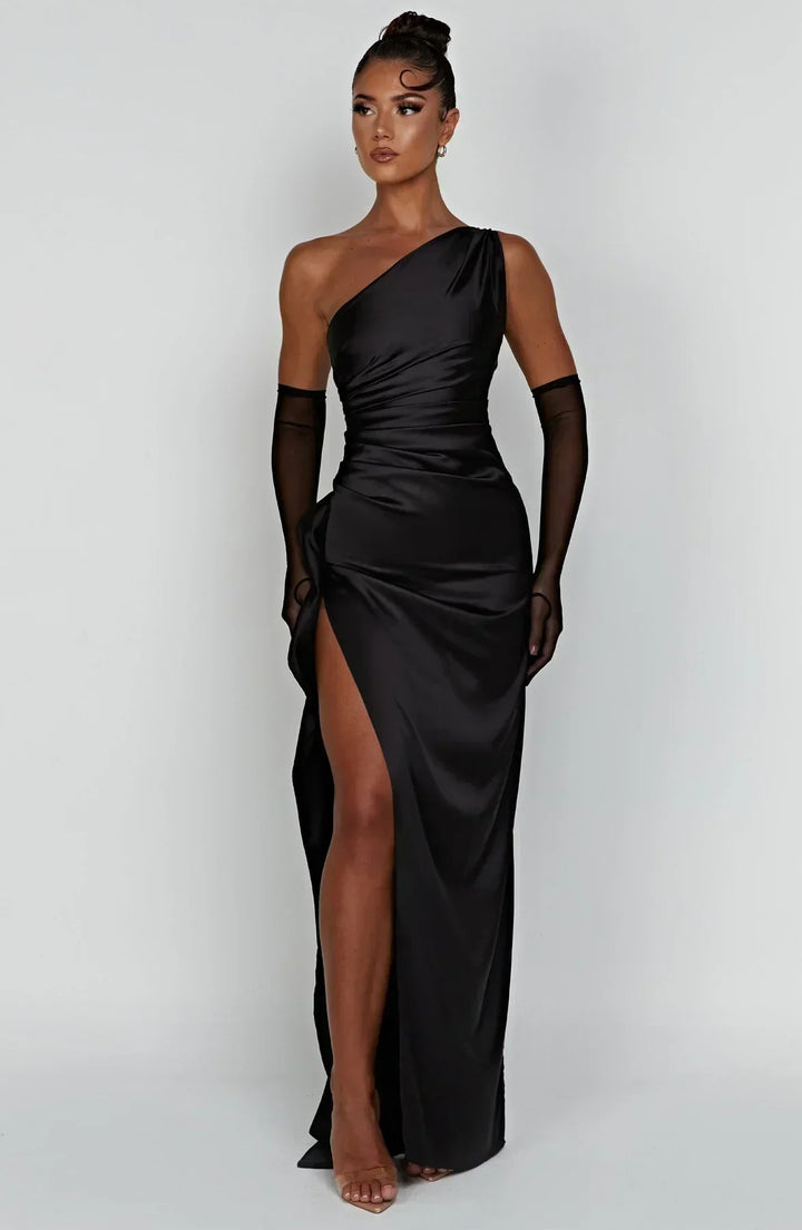 Elara - Elegante Satijnen Splitjurk met Één Schouder