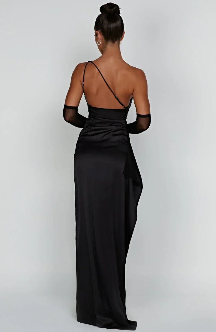 Elara - Elegante Satijnen Splitjurk met Één Schouder