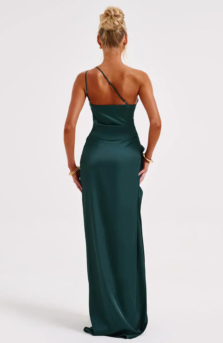 Elara - Elegante Satijnen Splitjurk met Één Schouder