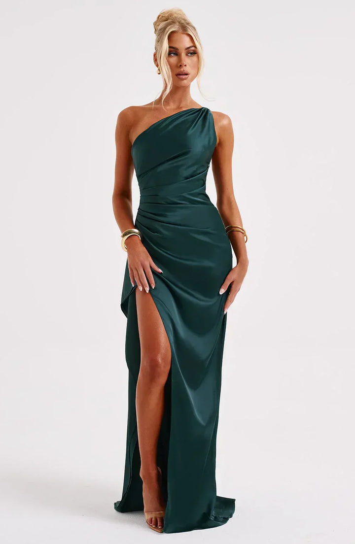 Elara - Elegante Satijnen Splitjurk met Één Schouder