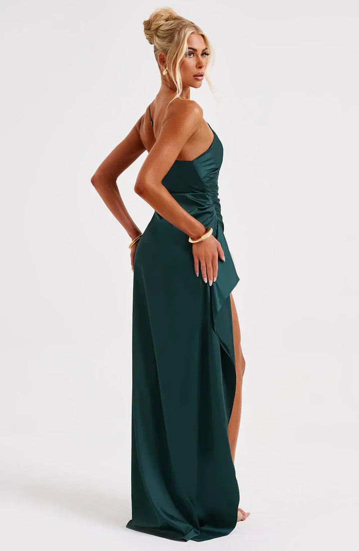 Elara - Elegante Satijnen Splitjurk met Één Schouder