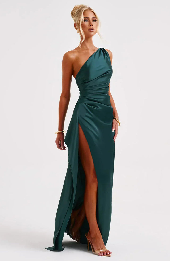 Elara - Elegante Satijnen Splitjurk met Één Schouder