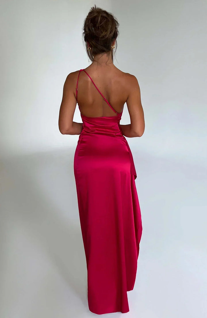 Elara - Elegante Satijnen Splitjurk met Één Schouder