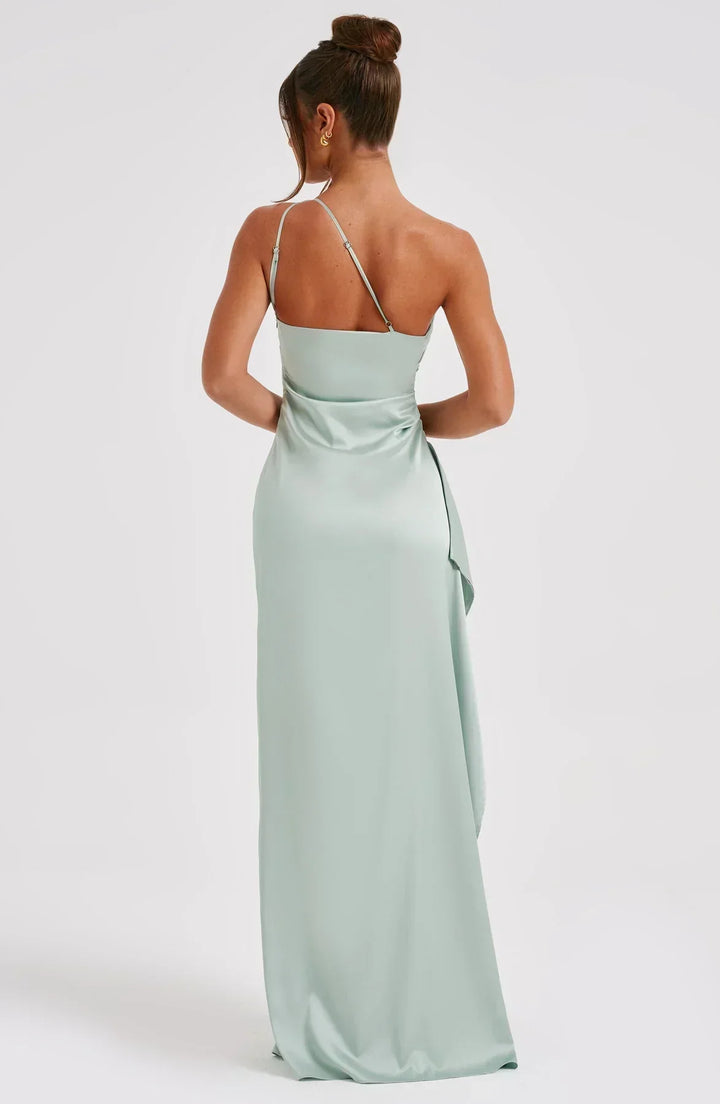 Elara - Elegante Satijnen Splitjurk met Één Schouder