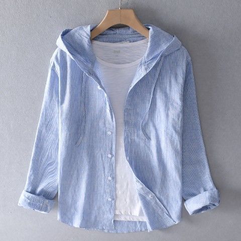 Confortevole camicia da uomo a maniche lunghe in lino con elegante cappuccio