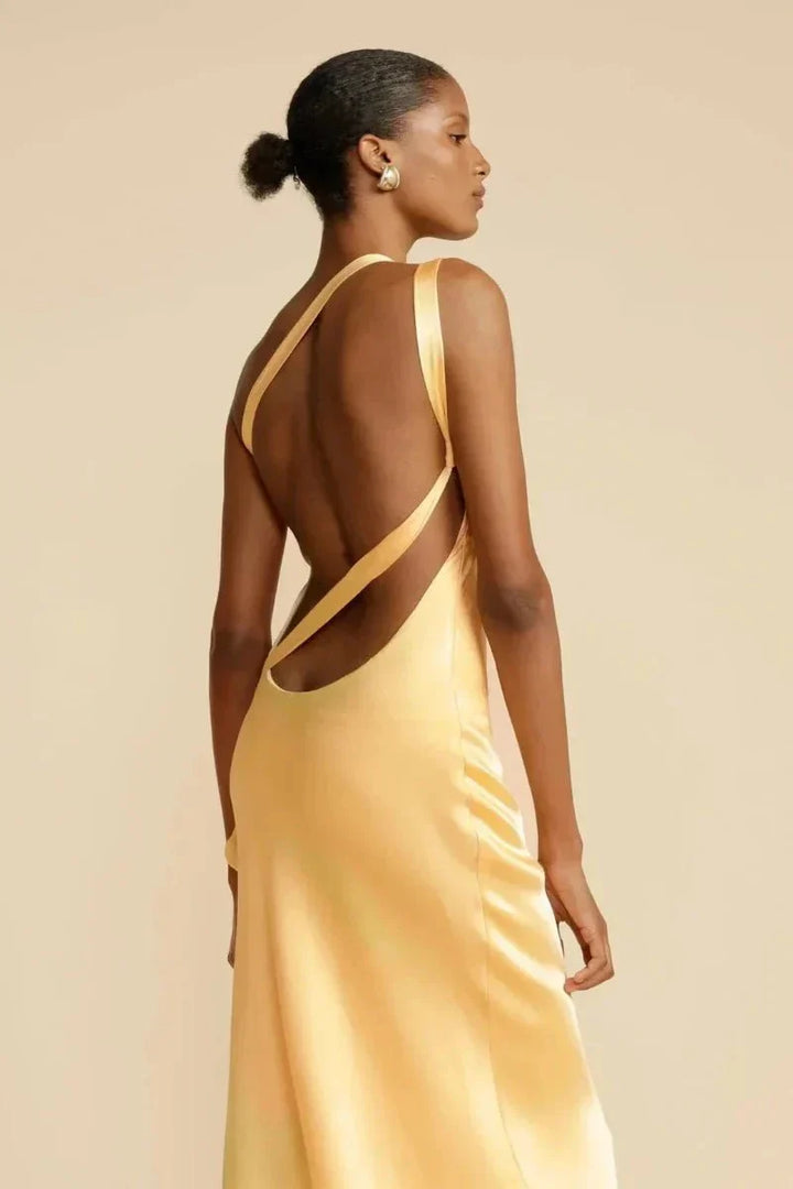 Indira | Elegante maxi abito da sera in satin con spallina singola