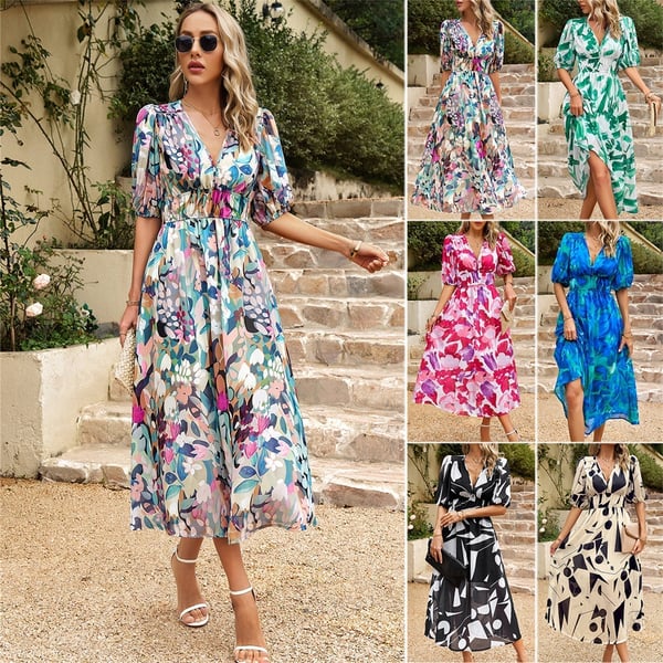 Abito elegante da donna con scollatura a punta e stampa alla moda - design di alta qualità
