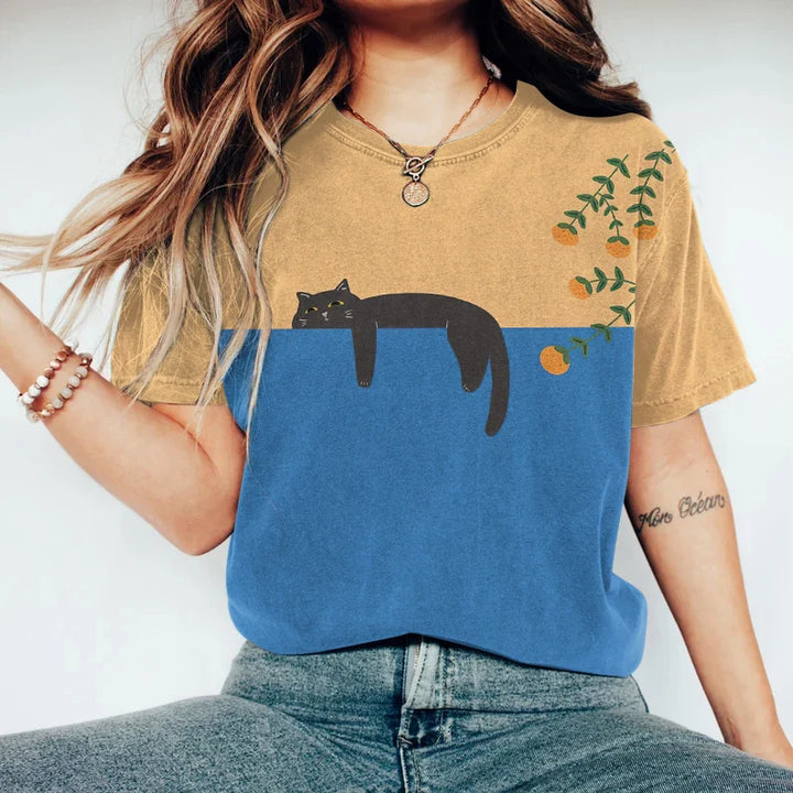Elegante T-shirt casual da donna con adorabile stampa di gatti e comodo scollo rotondo