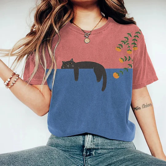 Elegante T-shirt casual da donna con adorabile stampa di gatti e comodo scollo rotondo