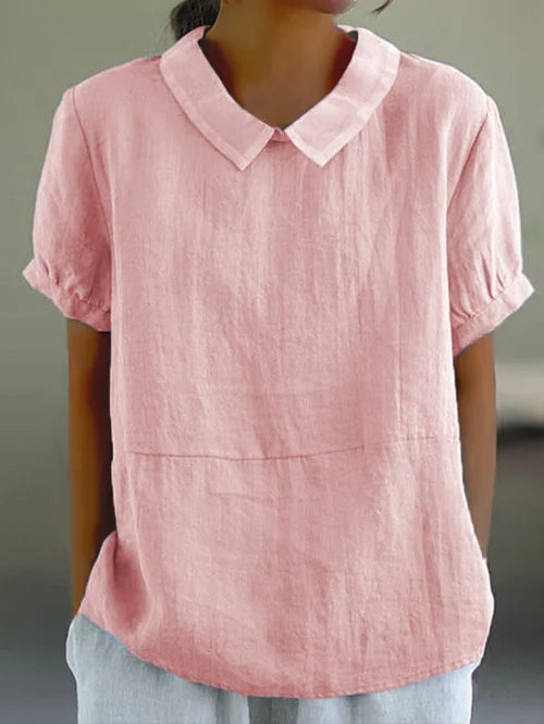 Elegante blusa da donna in lino con maniche a buccia d'arancia e colletto classico