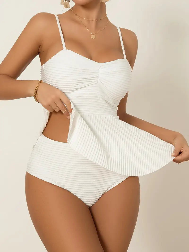 Faloni | Élégant Ensemble Tankini Blanc à Poppée pour un Style Raffiné