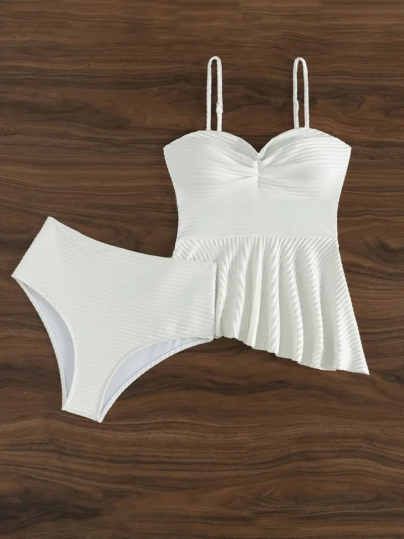 Faloni | Élégant Ensemble Tankini Blanc à Poppée pour un Style Raffiné