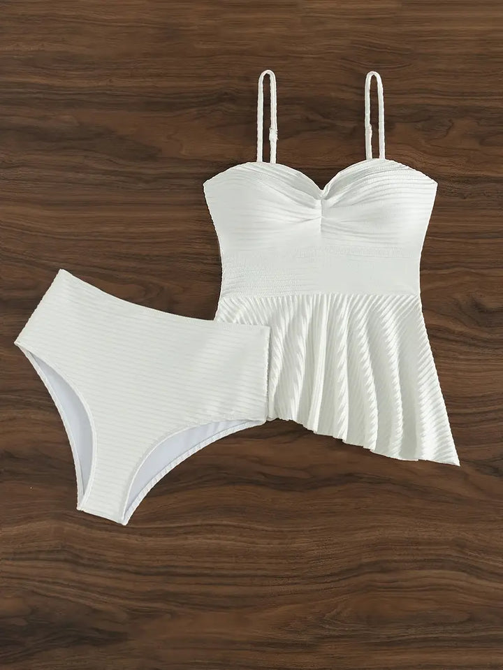 Faloni | Élégant Ensemble Tankini Blanc à Poppée pour un Style Raffiné