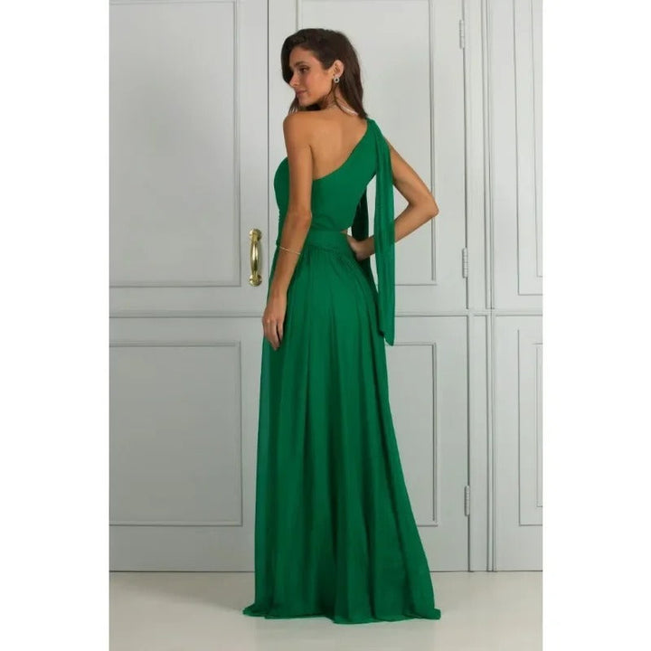 Stijlvolle groene maxi jurk met geplisseerd design en trendy asymmetrische schouder van Anna