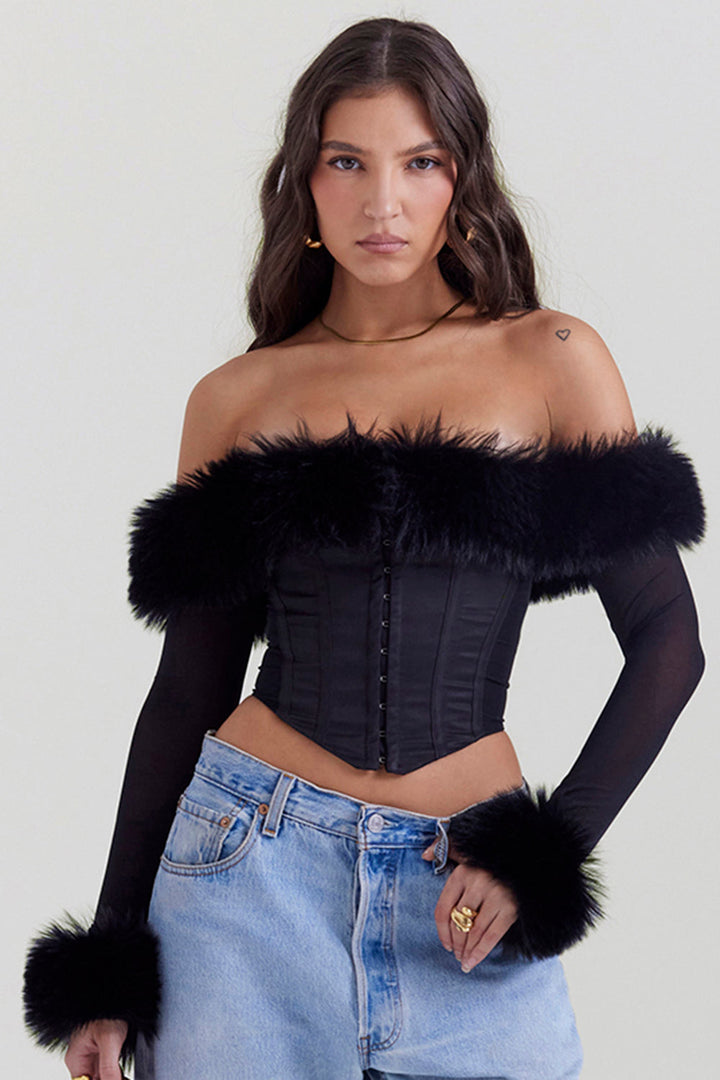 Elegante corsetto da donna nero con lussuosa pelliccia sintetica - eleganza e comfort eccezionali