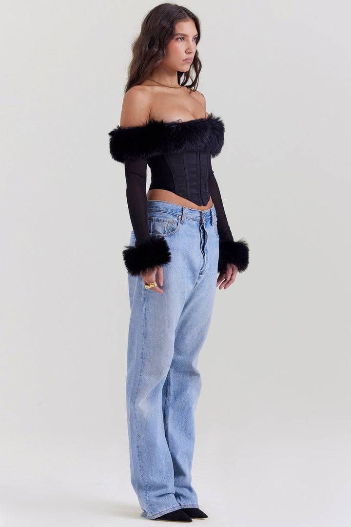 Elegante corsetto da donna nero con lussuosa pelliccia sintetica - eleganza e comfort eccezionali