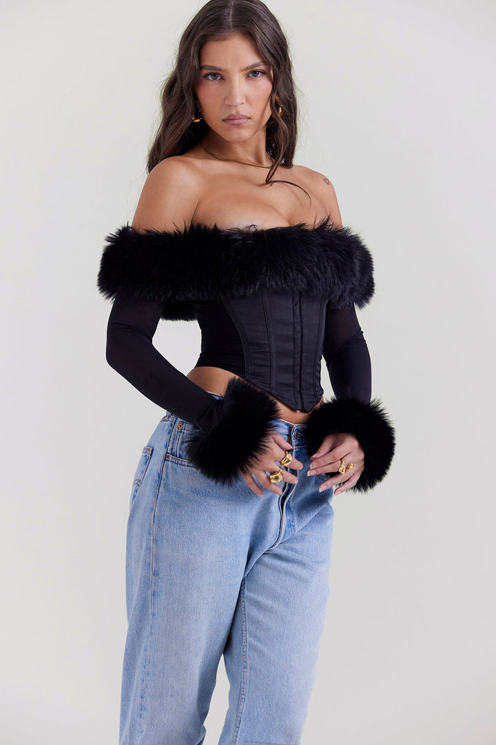 Elegante corsetto da donna nero con lussuosa pelliccia sintetica - eleganza e comfort eccezionali