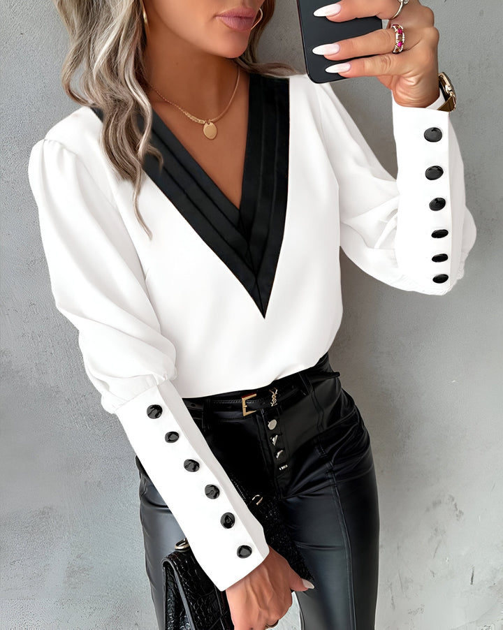 Caris - Blusa V-scollo trendy con accenti color block eleganti