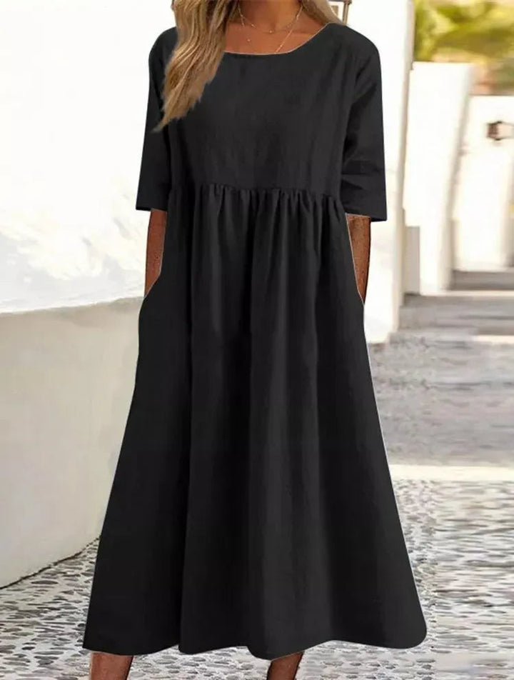 Silvia™ - Abito in cotone con scollo rotondo e tasche