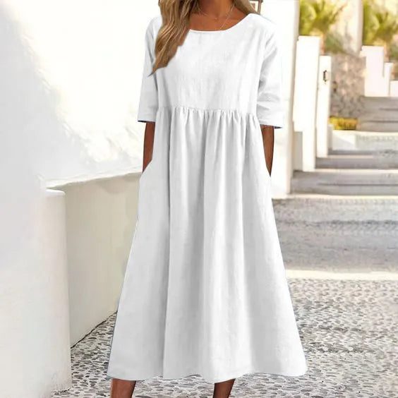 Silvia™ - Abito in cotone con scollo rotondo e tasche