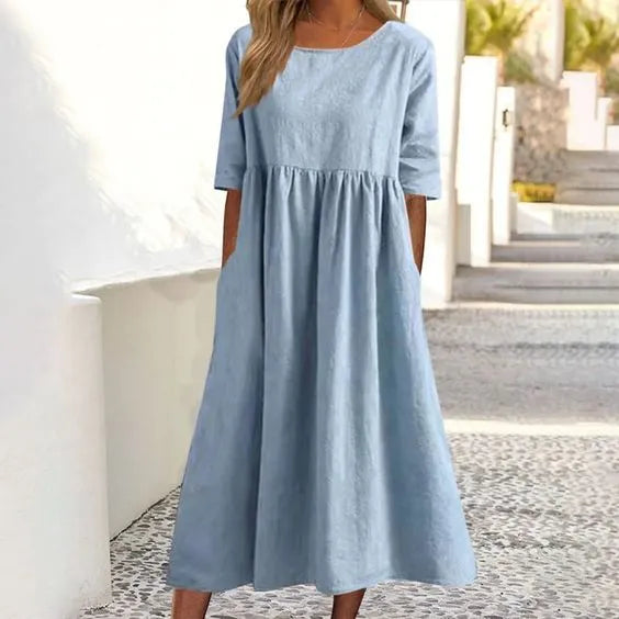 Silvia™ - Abito in cotone con scollo rotondo e tasche