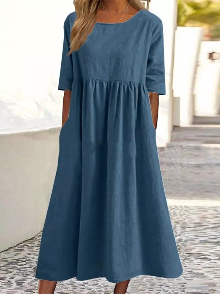 Silvia™ - Abito in cotone con scollo rotondo e tasche