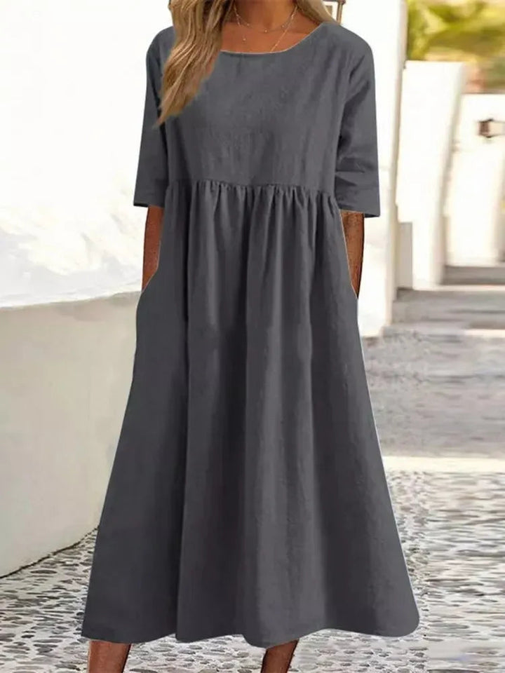 Silvia™ - Abito in cotone con scollo rotondo e tasche