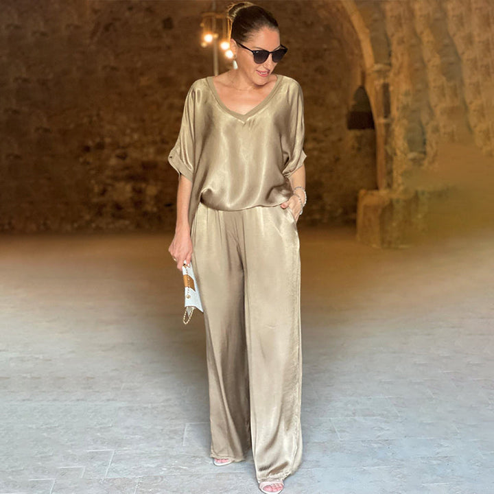 Pippa™ - Set pantalone lungo a mezza manica e scollo a V