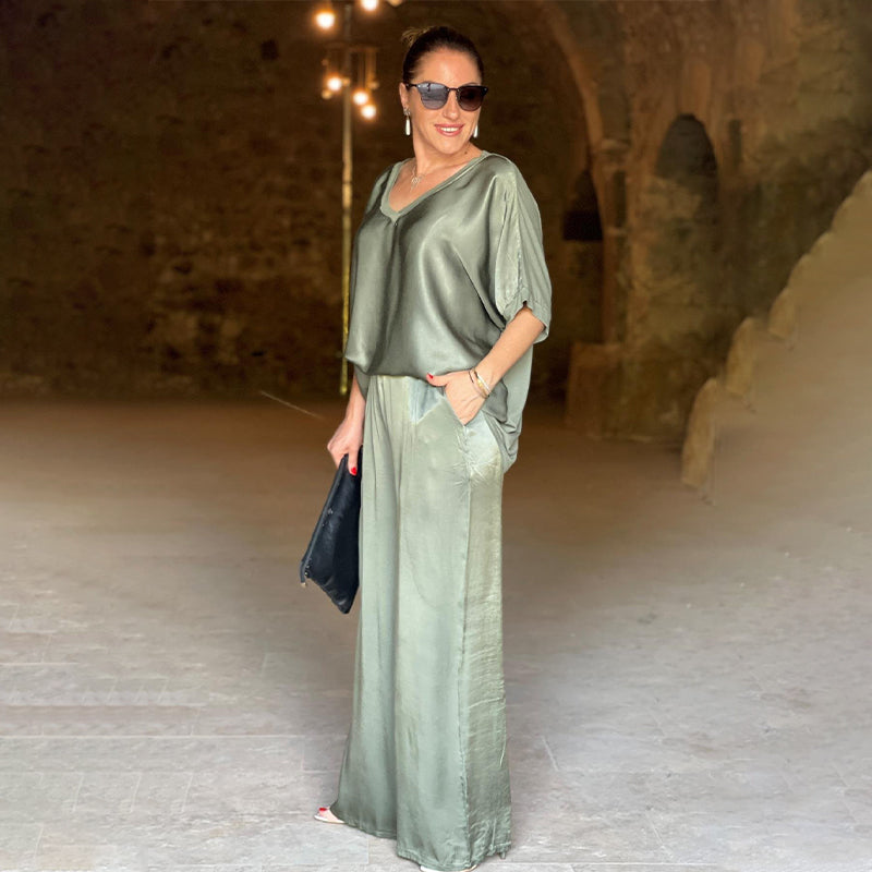 Pippa™ - Set pantalone lungo a mezza manica e scollo a V